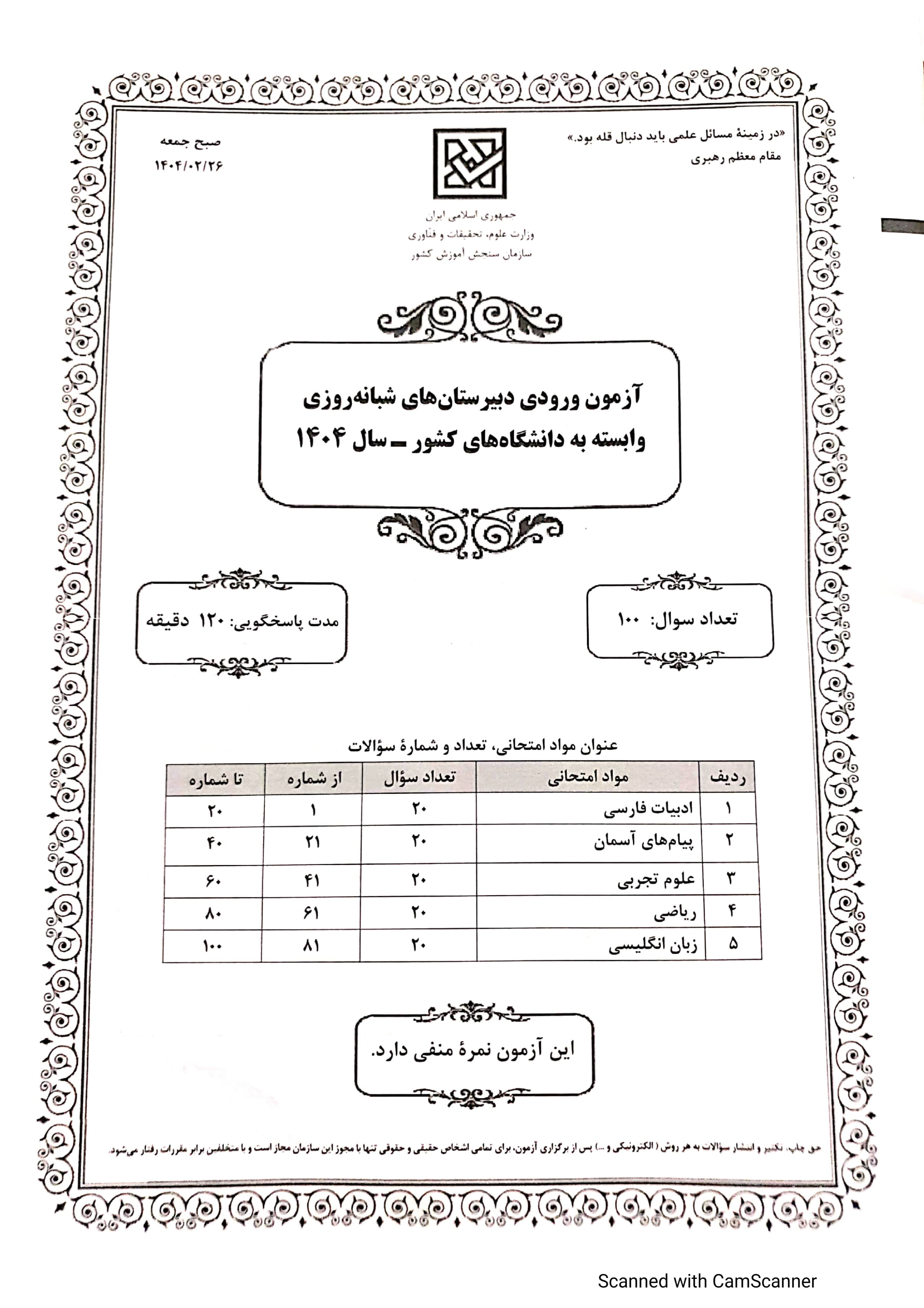 سوالات آزمون ورودی دبیرستان دانشگاه شهرستان زابل سال تحصیلی 1405 1404